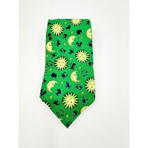 Utopia Green Celestial Zodiac Silk Tie Sun Moon Stars Astrology Mens Necktie
